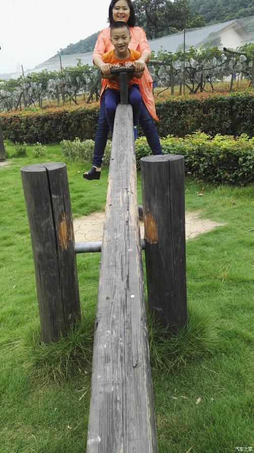 看,带劲?纯木质的跷跷板.我坐一头.老婆儿子坐一头.