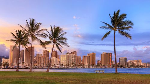 房屋,河流,天空,waikiki honolulu,夏威夷州,棕榈科,树,建筑物,城市