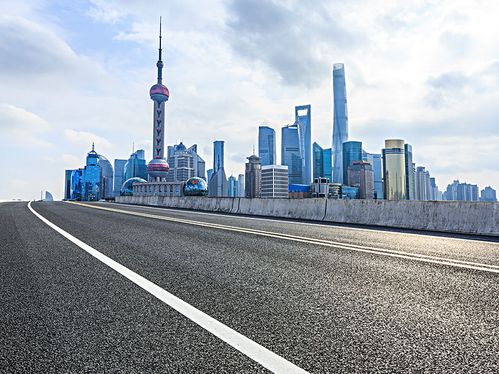 空旷的沥青道路广场与上海现代城市建筑景观