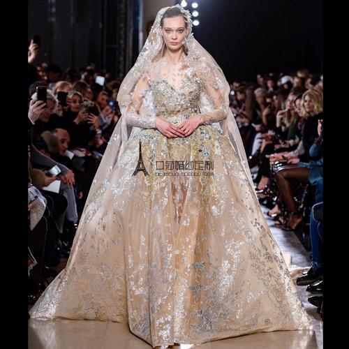 eliesaab2022压轴婚纱香槟色奢华重工水钻花仙子长拖尾婚纱