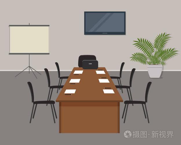 会议室为会议做好准备.有一个屏幕, 一个办公桌和椅子的形象.