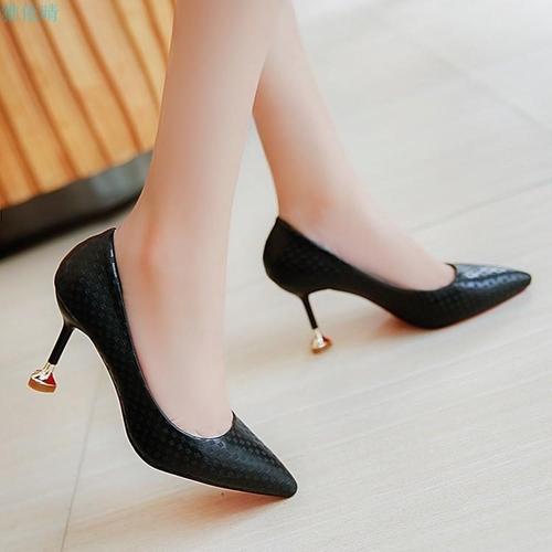 2017单鞋女工作皮鞋黑色尖头细跟职业高跟鞋5-6-7-8-9cm公分厘米