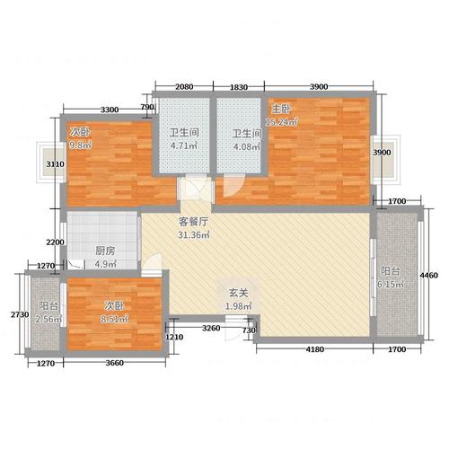 蒲京荣城3室2厅2卫1厨126.00㎡户型图