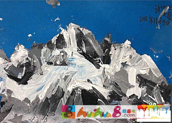儿童创意美术绘画作品,雪山