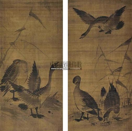 芦雁图 对屏 绢本