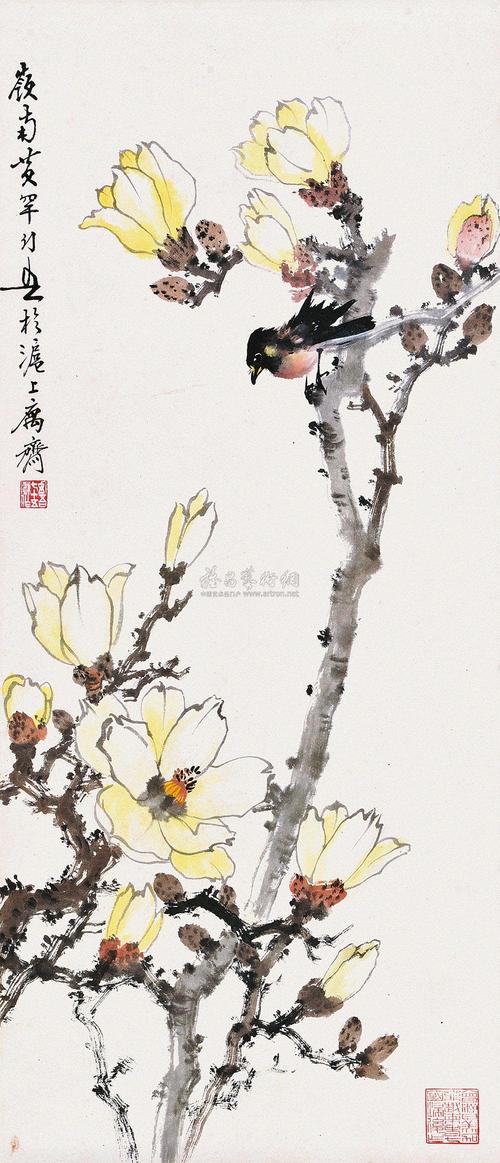 0236 玉兰小鸟 立轴 设色纸本