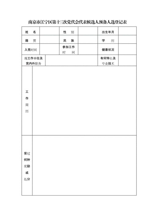 南京江宁区第十三次党代会代表候选人预备人选登记表.