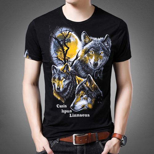 图案夏季新款个性短袖t恤衫男士狼头上衣印花男装圆领半袖黑色潮