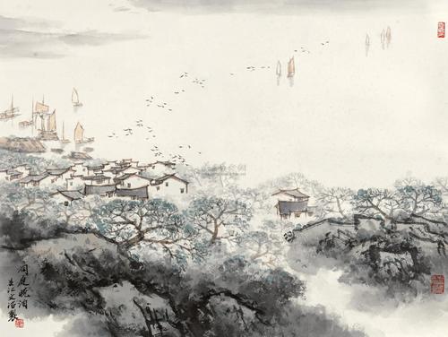 0187 洞庭晓泊 镜心 设色纸本