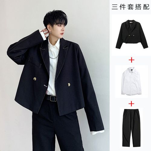 韩版潮牌痞帅休闲西服套装男短款时髦发型师洋气小西服搭配三件套