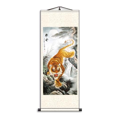 客厅沙发背景墙镇宅虎画办公室风水国画装饰画猛虎下山图卷轴挂画