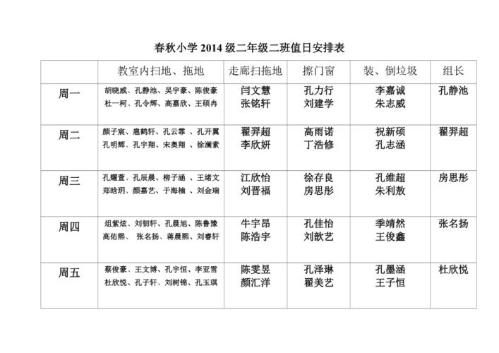 二年级二班值日安排表
