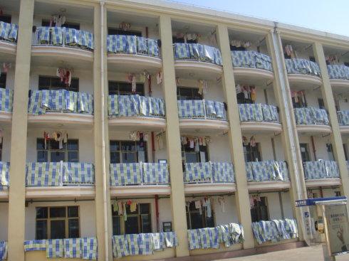 天气不错的一天,学生都把被子拉了出来,好壮观的女生宿舍.