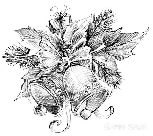 圣诞节的钟声, 圣诞树, 圣诞花, 新年背景的槲寄生装饰素描