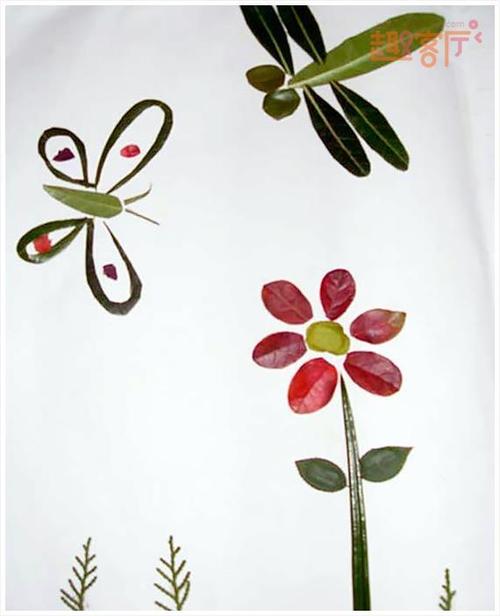 蜻蜓蝴蝶树叶贴画图片.