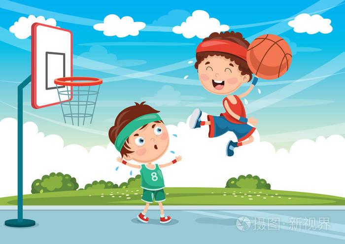 孩子们打篮球的矢量插图