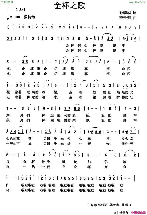 《金杯之歌》原创歌曲简谱,孙朝成作词 李云翔作曲