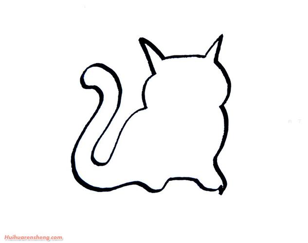 儿童画小猫的画法第2步:完善小猫的轮廓线.