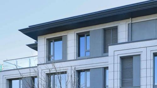 纤薄的双层出挑深灰色铝板线条作为屋顶的檐口