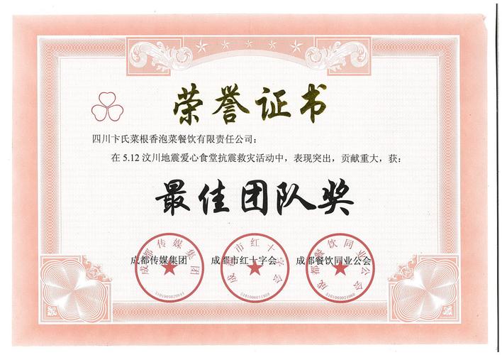 12汶川地震爱心食堂抗震救灾最佳团队奖"奖牌及证书