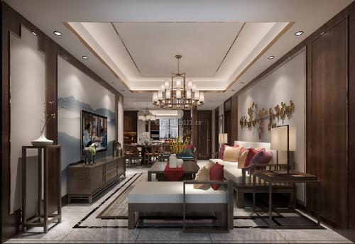 绵阳三江国际丽城新中式风格130平米设计方案 客厅吊顶装饰设计_装信