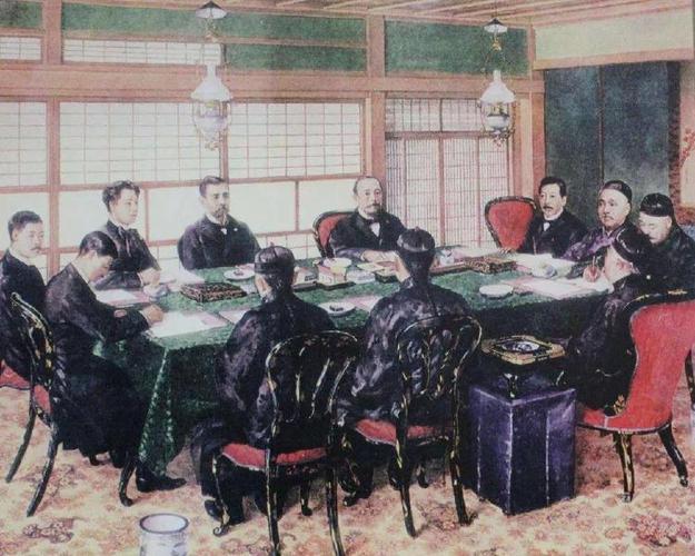 (甲午战败,中国被迫签订亡国灭种的《马关条约》,图为条约签署现场)