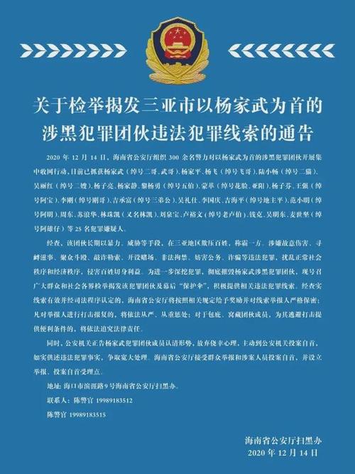 已抓25人!三亚警方喊你检举揭发杨家武涉黑犯罪团伙线索