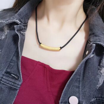 小腰金 3d硬金心经管皮绳项链绳情侣手绳一对黄金弯管吊坠999足金