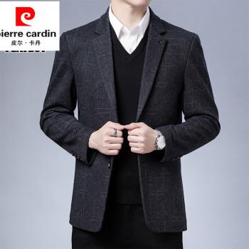官方皮尔卡丹春秋中年男士商务西服休闲格子羊毛西装外套爸爸单西上衣