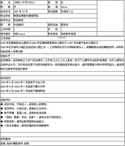 舞蹈学个人求职简历表格