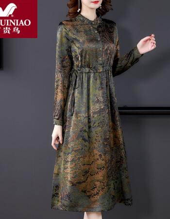 富贵鸟品牌女装香云纱连衣裙子妈妈春秋长袖薄款高端真丝桑蚕丝中长裙