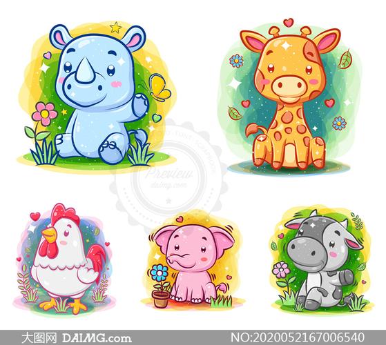 犀牛大象与公鸡等卡通动物矢量素材
