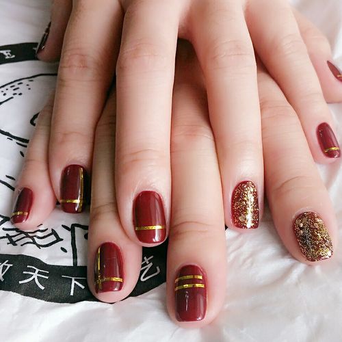 美甲- 原创酒红金线款