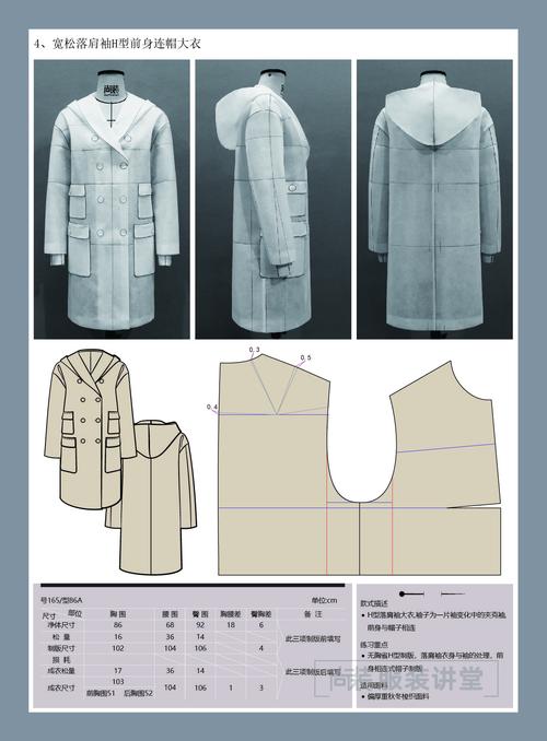 服装制版培训教程宽松落肩袖h型前身连帽大衣