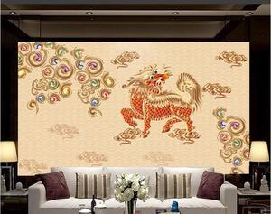 大型无缝壁画客厅电视背景墙纸酒店餐厅茶楼壁纸中式古典麒麟献瑞
