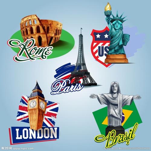 漫画风格世界城市标识建筑物