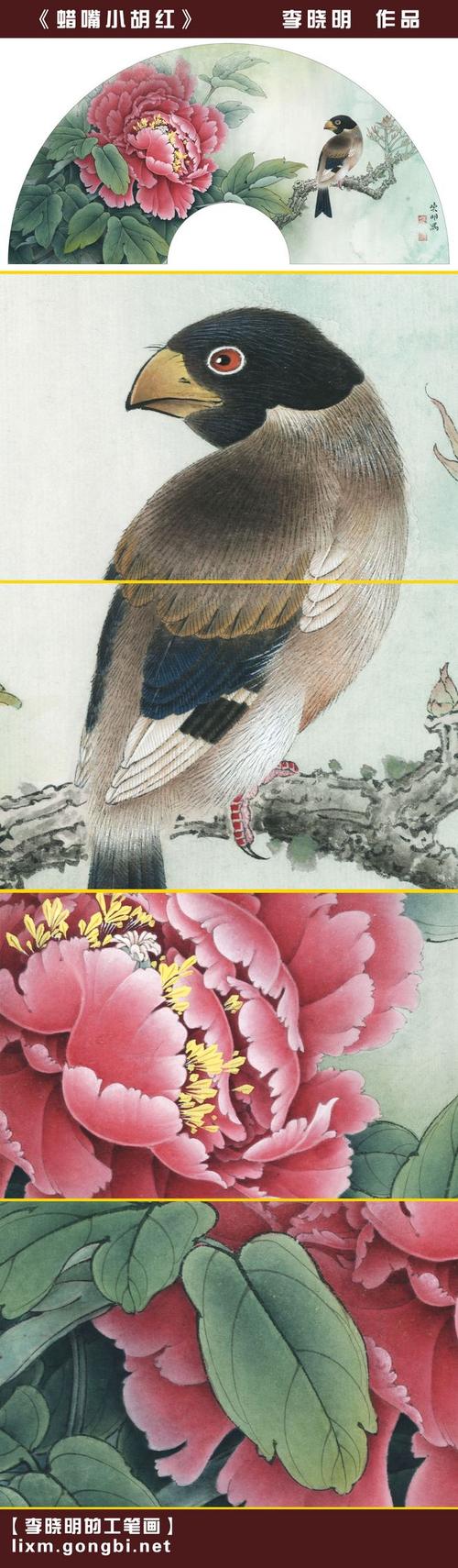 工笔牡丹扇面《蜡嘴小胡红》,附局部图四张.这张丝毛感觉不错.