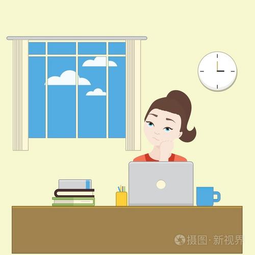 卡通女孩上班无聊,望着窗外
