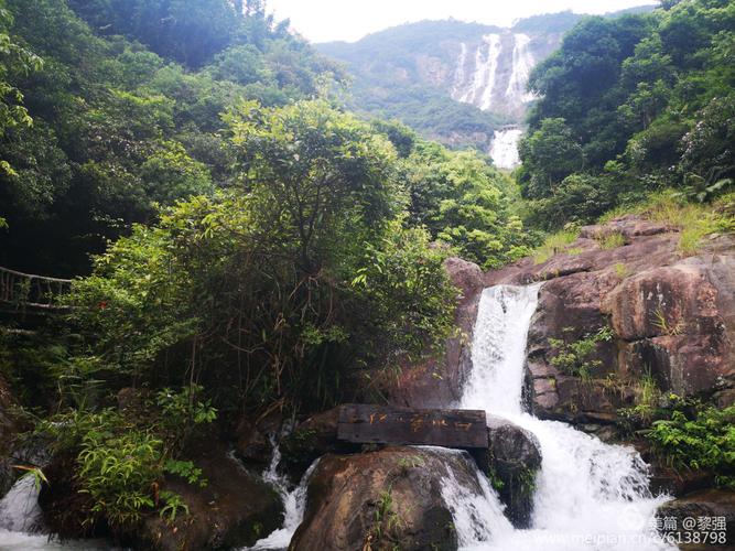 继续索道而上,沿途层林叠翠,延绵的山峰云缠雾绕,断崖绝壁间溪水潺潺