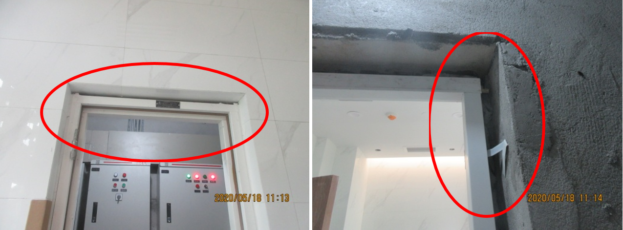 ②学术交流中心二层电井防火门安装工序倒置,门框与结构间未塞缝处理.