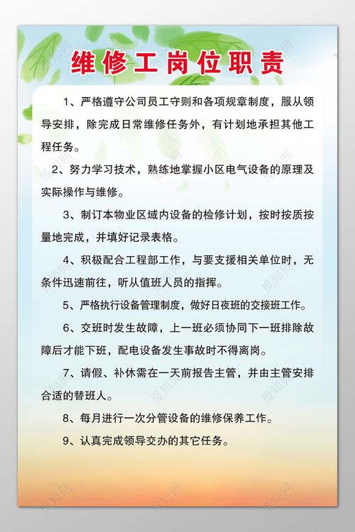公司员工维修工工作岗位职责制度牌