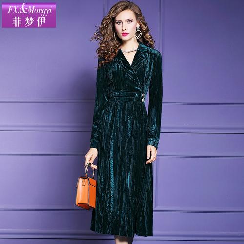 菲梦伊金丝绒连衣裙秋冬冬装西装领复古时尚显修身