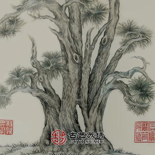古艺苏绣精品乾隆嵩阳汉柏图 手工刺绣玄关客厅装饰画