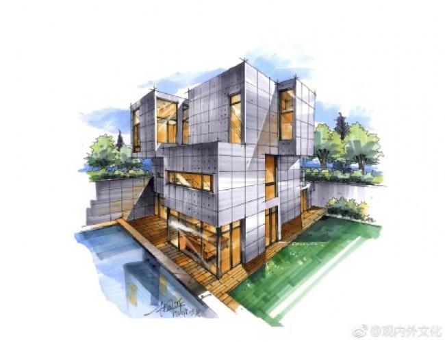 单体现代别墅建筑马克笔手绘效果图教程 带上色步骤线稿 水泥板外墙