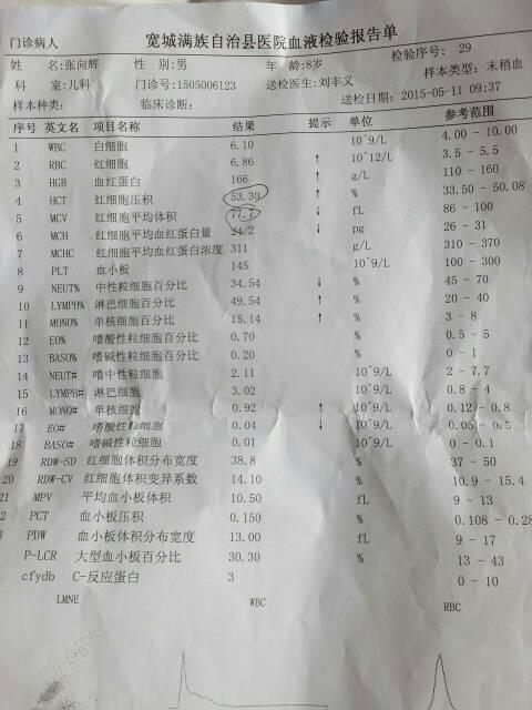 孩子八岁今天去测血常规如下红细胞6.86血红蛋白166红