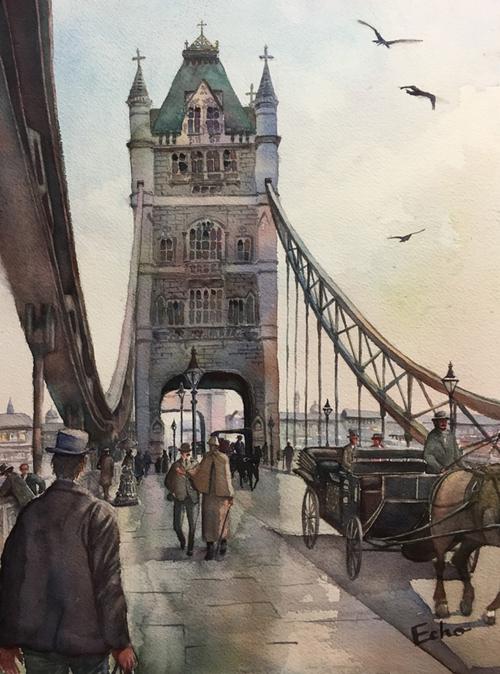 水彩伦敦塔桥建筑风景绘画插画