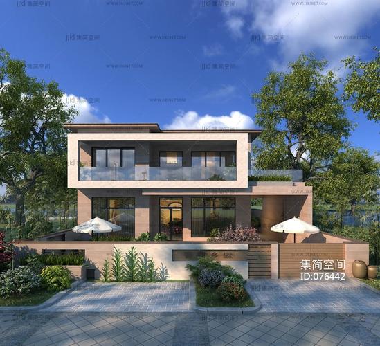 现代独栋别墅外观景观树灌木3d模型下载