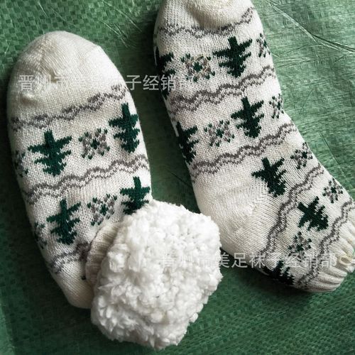 冬季 加厚保暖双层羊羔绒袜 毛线提花中筒居家防滑地板袜子女士