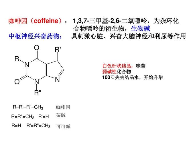 咖啡因(coffeine): 1,3,7-三甲基-2,6-二氧嘌呤,为杂环化 合物嘌呤的