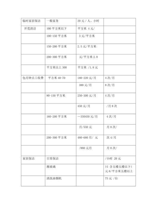 家政公司全套收费标准